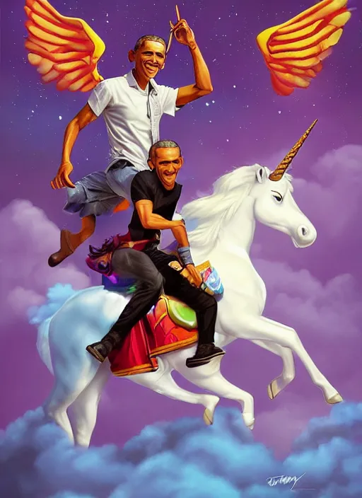 Image similar to obama riding an unicorn, pixar style, by tristan eaton stanley artgerm and tom bagshaw.