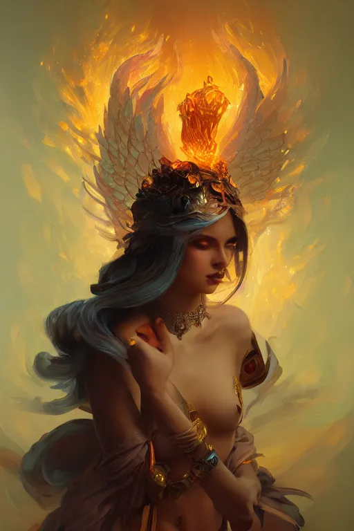 Prompt: beautiful princess with face covered with fire, diamonds, angel, fantasy, yellow background beam, dramatic lighting, highly detailed, digital painting, magic the gathering, 3 d render, hyper realistic detailed portrait, peter mohrbacher, wlop, ruan jia