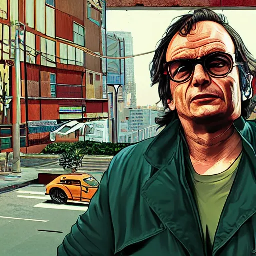 Image similar to Félix Guattari in GTA V, Cover art by Stephen Bliss, boxart, loading screen