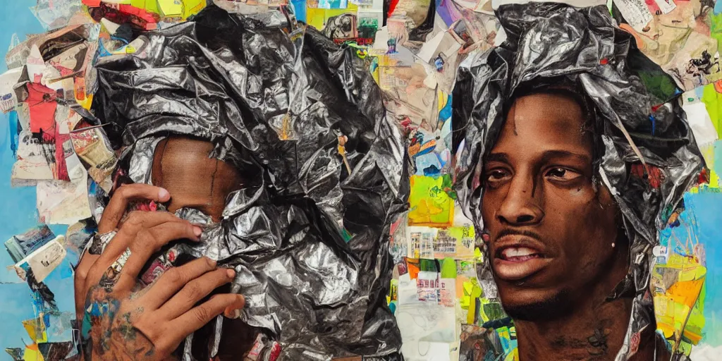 Image similar to travis scott with a trash bag on his head, collage paper and tape, acrylic on canvas, hyperrealism mixed with expressionism, high resolution, cinematic, unreal 6 breathtaking detailed, by blake neubert