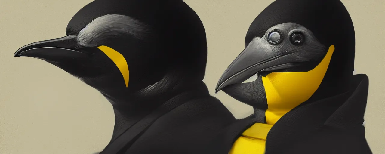 Image similar to duotone yelow black white concept illustration of 3 / 4 portrait of penguin with penguin beak as steampunk cyborg. cinematic volumetric lighting. golden ratio accidental renaissance. by sachin teng and sergey kolesov and ruan jia and heng z. graffiti art, scifi, fantasy, hyper detailed. octane render. concept art. trending on artstation