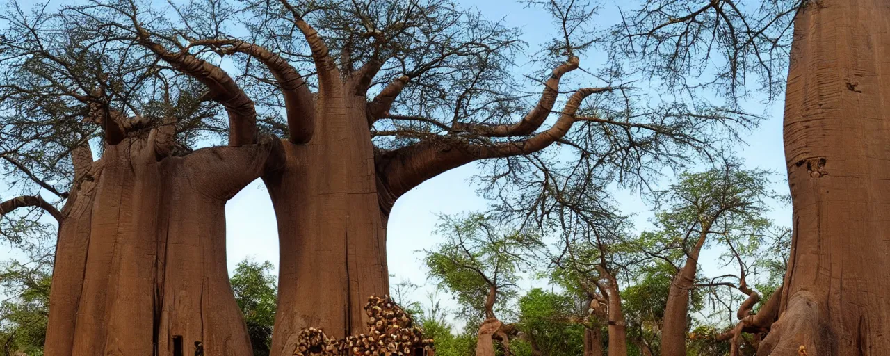 Prompt: Beautiful gigantic baobab tree, where birds make their nests, made of LEGO, in the style of LEGO