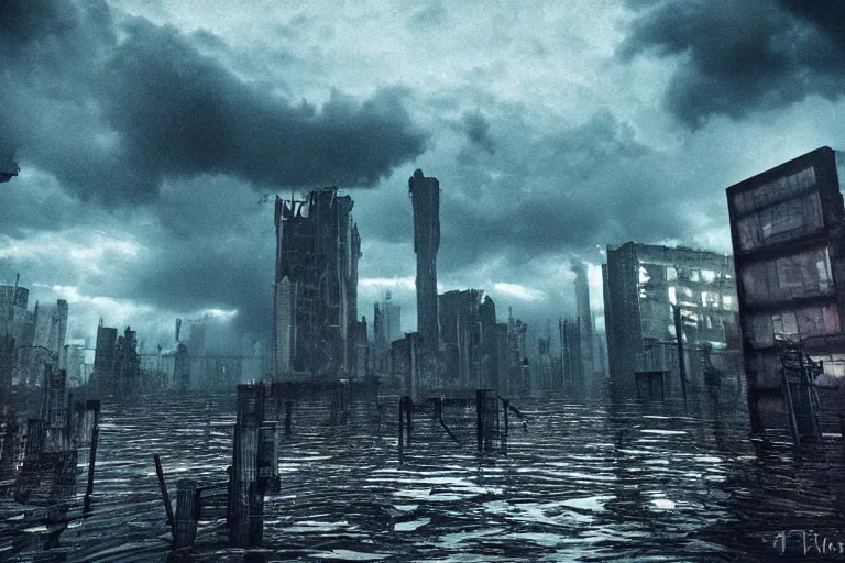 Prompt: flooded cyberpunk city ruins stormy sky