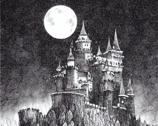 Prompt: dracula's castle rising up from the mist at night silhouetted by a single huge bloodmoon by marvel comics, stunning, comic, pen and ink, slash page, highly detailed