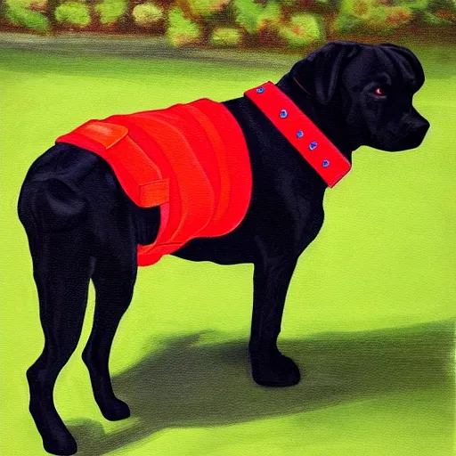 Image similar to painting of a black pitbull lab wearing thin red dog - collar