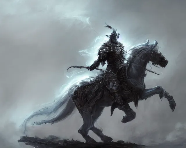 Image similar to A ghost warrior riding a giant ghost horse with armour, fantasy art, in the style of Frank Neidhardt, illustration, epic art, fantasy, intricate, elgant, amazing detail, digital painting, artstation, concept art, smooth, sharp focus