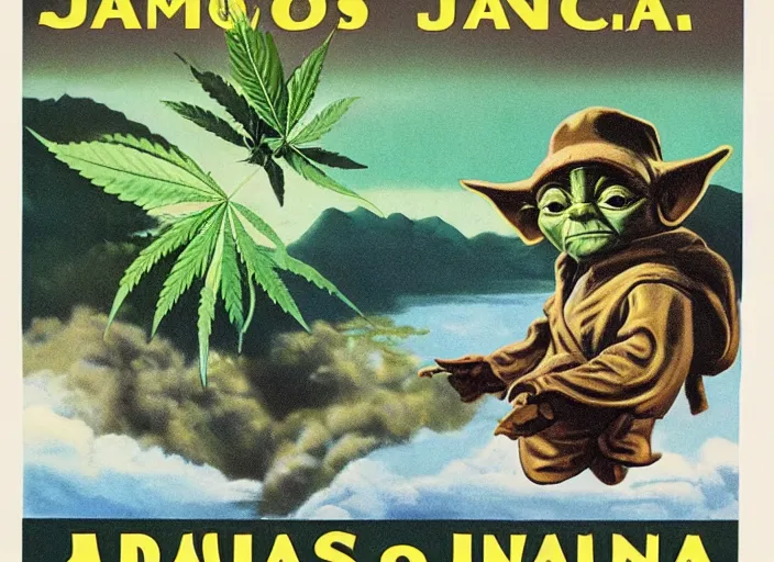 Prompt: vintage travel advertisement for jamaica, of yoda made out of cannabis