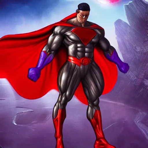 Prompt: muscular man in red superhero costume with flowing purple cape hovers in the air in the foreground facing away from the camera, in the background a massive metal silver moon has a massive explosion destroying it, cinematic, graphic novel, matte fantasy painting, 4k, DeviantArt Artstation