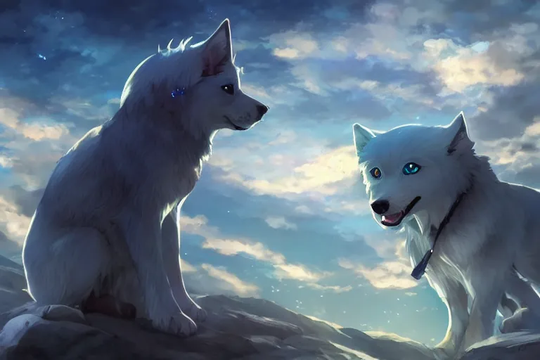 Image similar to blue eyed celestial dog, single subject, scenic full shot, ambient lighting, detailed face, by makoto shinkai, stanley artgerm lau, wlop, rossdraws