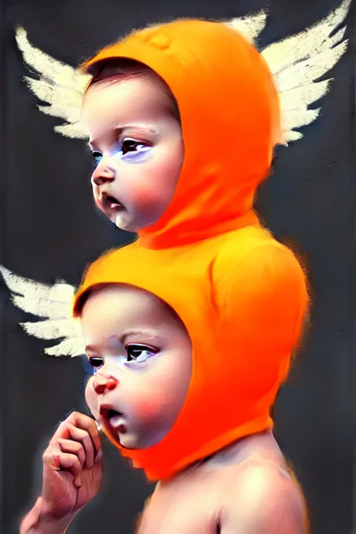 Prompt: a ultradetailed beautiful panting of a stylish baby cherub angel wearing a balaclava and orange jersey, by conrad roset, greg rutkowski and makoto shinkai, trending on artstation