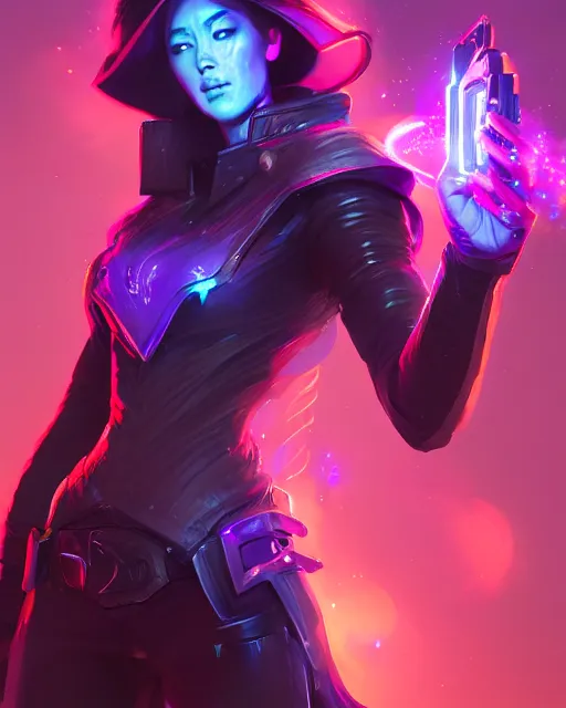Image similar to A sorcerer wielding two Glock pistols, bust shot, smooth, intricate, elegant, galactic energy, power aura, neon glowing spells, digital painting, artstation, concept art, high tech fantasy, sharp focus, illustration, art by Jason Chan and Riot Studios and Blizzard Studios