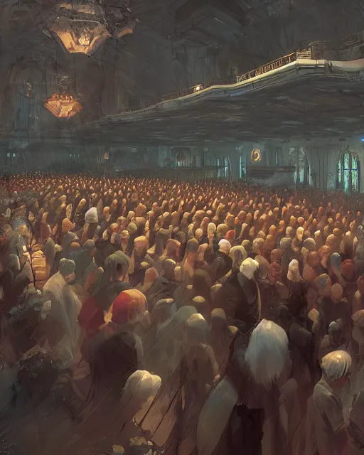 Image similar to craig mullins and ghibli digital matte art of a crowd in a futuristic church, priest, pews, ethereal, inviting, unreal engine, hyper realism, realistic shading, cinematic composition, realistic render, octane render, detailed textures, photorealistic, wide shot