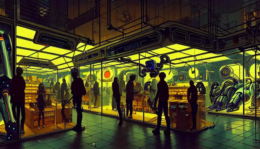 Image similar to inside a robotic shop store in The City of Lisbon at night with a few customers, extreme plus resolution scifi concept art, intricate details to everything visible, sharp lighting, Dramatic light by denis villeneuve, strong emphasis on alphonse mucha, Makoto Shinkai