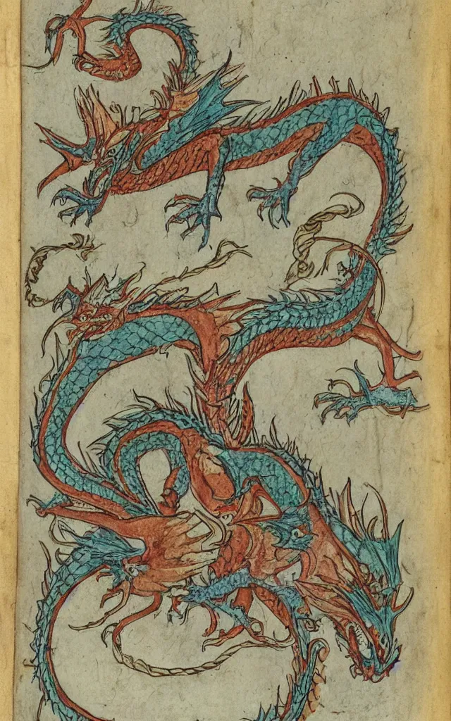 Prompt: a dragon with ten different human frail heads, marginalia manuscript