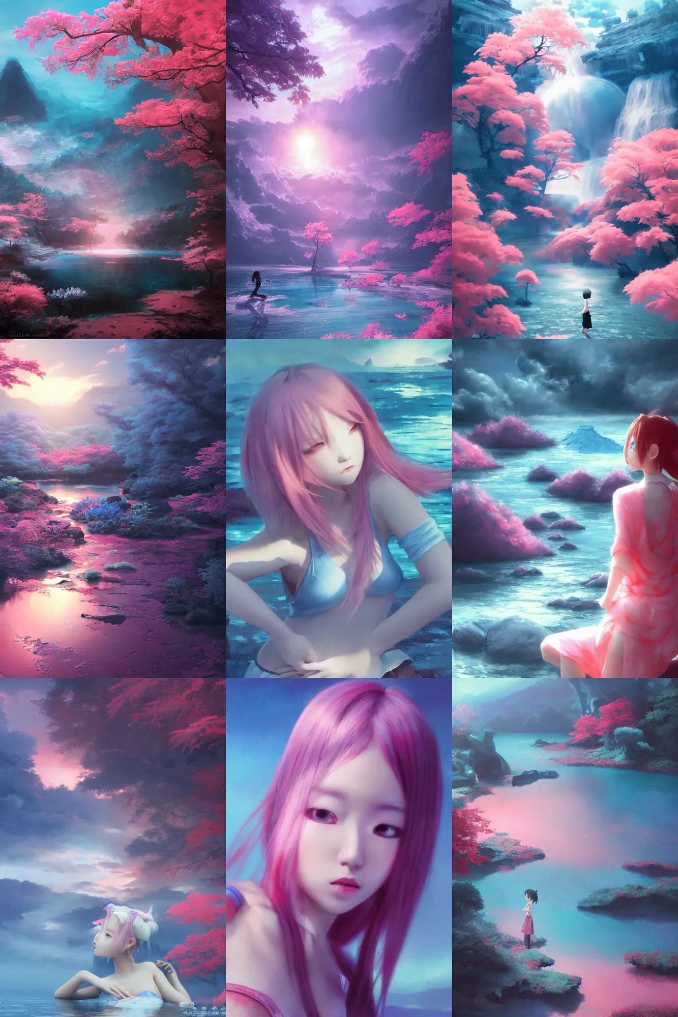 Prompt: 3d dark infrared octane render japanese concept landscape art by D. Jun, by Mo Xiang Tong Xiu, by Igarashi Daisuke, beauty anime schoolgirl under dark pink and blue water. cute face. dramatic light, trending on artstation, oil painting.