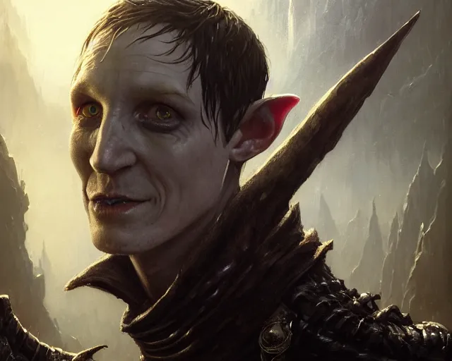 Image similar to highly detailed portrait of robin lord taylor as a fantasy goblin, in skyrim, stephen bliss, unreal engine, fantasy art by greg rutkowski, loish, rhads, ferdinand knab, makoto shinkai and lois van baarle, ilya kuvshinov, rossdraws, tom bagshaw, global illumination, radiant light, detailed and intricate environment