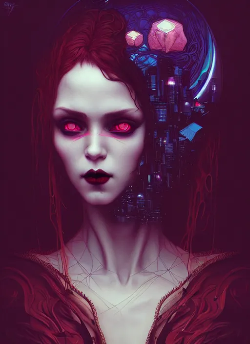 Image similar to perfect vampire girl portrait, intricate artwork by josan gonzalez, artgerm, tom bagshaw, kilian eng, alphonse mucha, zdizslaw beksinski, very coherent artwork, psychedelic, syntwave, noir gothic cyberpunk, octane render, unreal engine, 8 k, high contrast