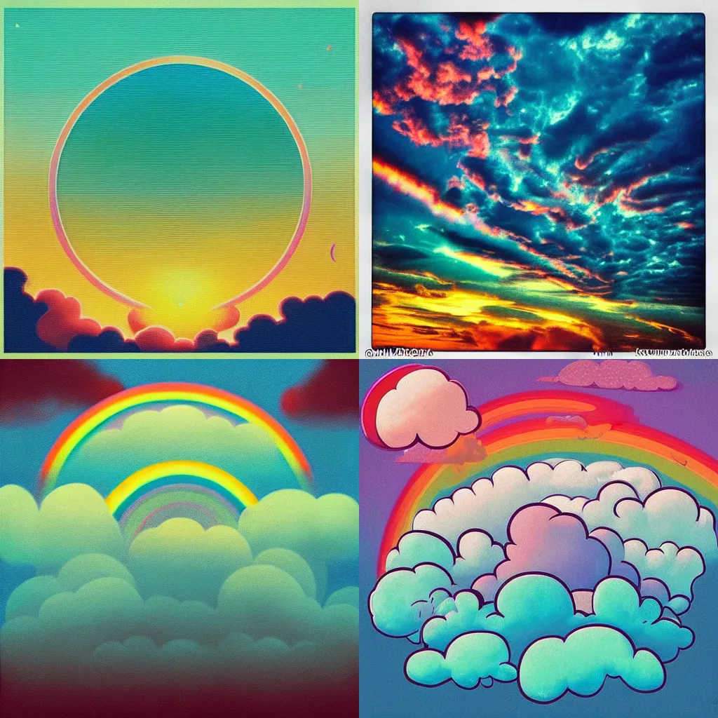 Prompt: “puffy cloudscape sunset with a rainbow in the middle, album art in the style of James Jean”