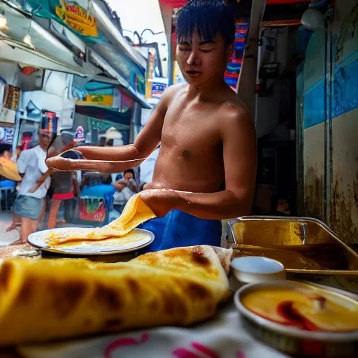 Image similar to a photograph of pikachu, with a towel over his neck, flipping roti prata at a hawker stall in singapore, nikkor 3 5 mm f / 4. 5, press photography - c 5 0