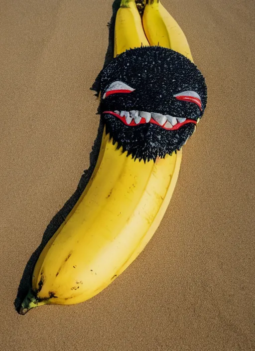 Image similar to godzilla as a banana on the sand of a beach