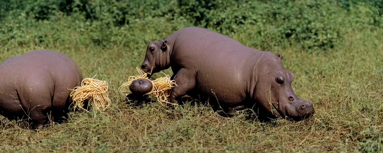 Image similar to a single hippo eating spaghetti off a bush, in the style of national geographic, canon 5 0 mm, film, kodachrome, retro, muted