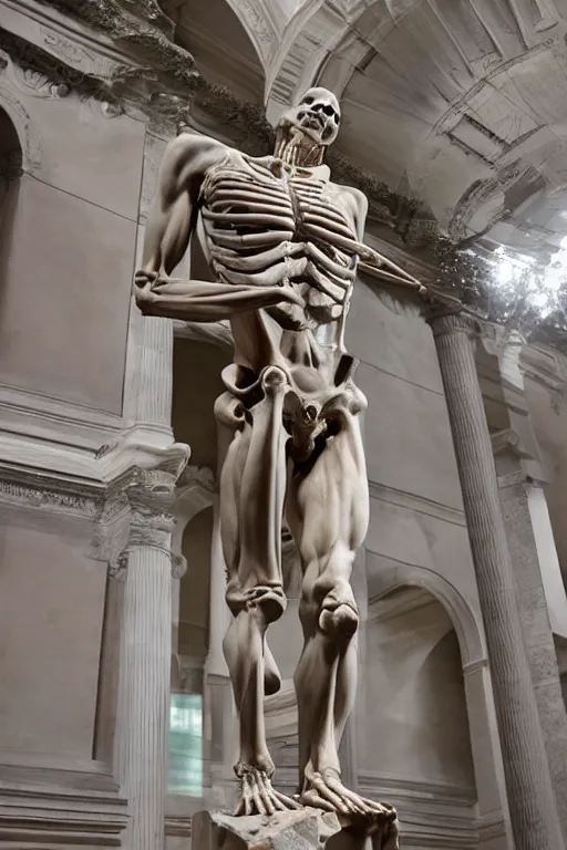 Image similar to epic and dramatic view of a statue depicting a man sculpting himself showing half of his body as a skeleton made in tannish polished marble, realistic and ultra detailed by bernini, 8 k