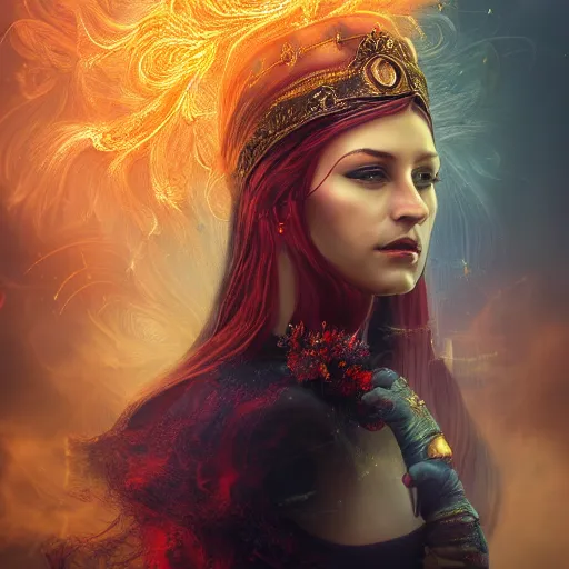 Image similar to masterpiece portrait of an aesthetic beautiful realistic fire mage woman, 3 0 years old woman, dark hair with lighter colorful strands, wearing a thin golden diadem with ruby inlays, digital painting by joachim bergauer, atmospheric effects and fog, chaotic fractal fog and sparks dynamics in the background, intricate, 8 k, octane render, artstation, deviantart, instagram