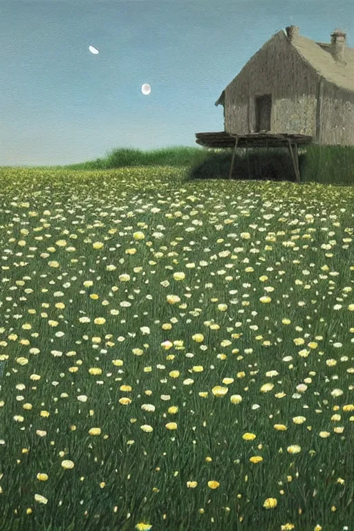 Image similar to night, the moon is shining!!!!!, chamomile field!!!!!, unfinished house!!!!!, shadows from trees, ( ( ( hyper realism ) ) )