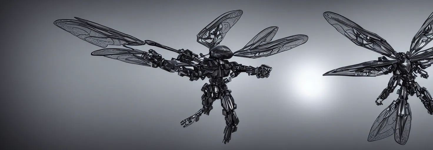 Image similar to symmetry!! a mechanized dragonfly with it's wings spread, gunmetal grey, top down view, very symmetrical, mecha, jet fighter, robotic, highly detailed, artstation, super realistic, unreal engine