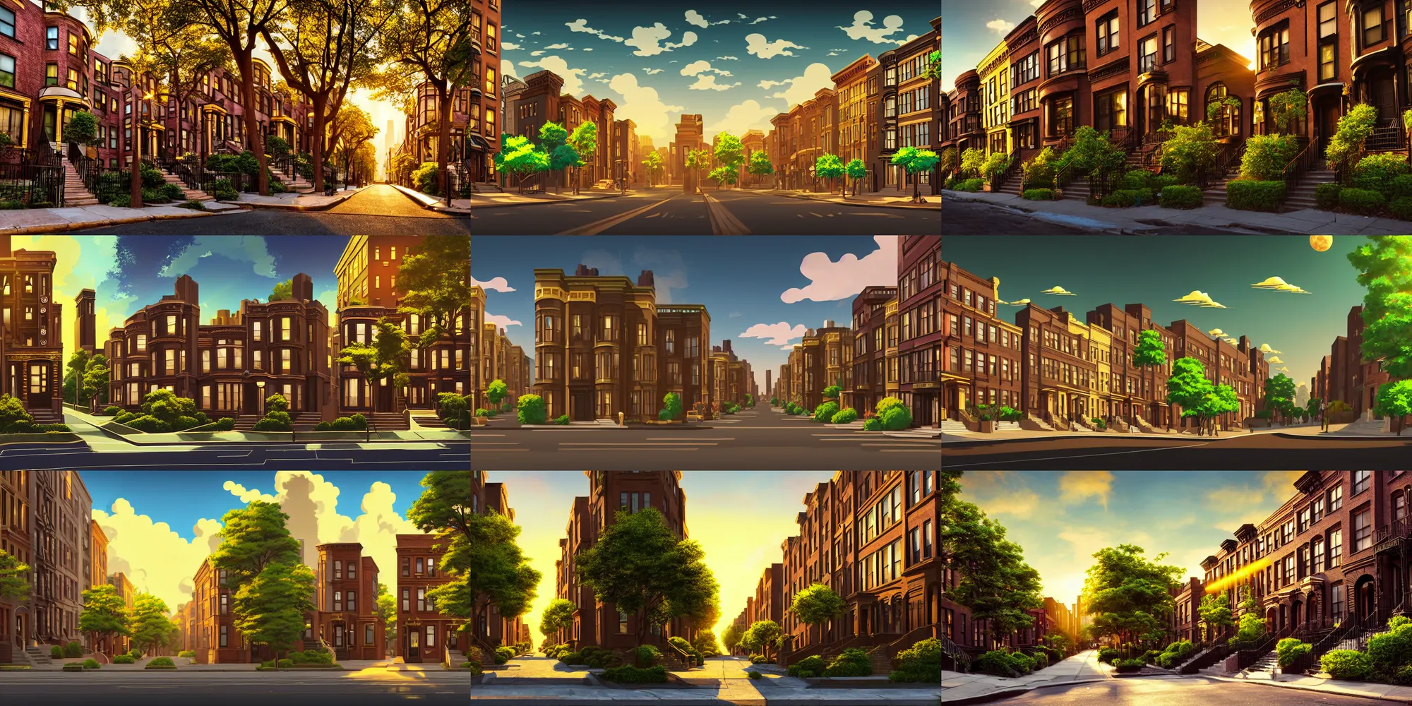 Prompt: black art deco brownstone homes with gold trim, lush brooklyn urban landscaping, dappled golden sunset, volumetric lighting, atmospheric, street view, beautiful wide shot in anime style