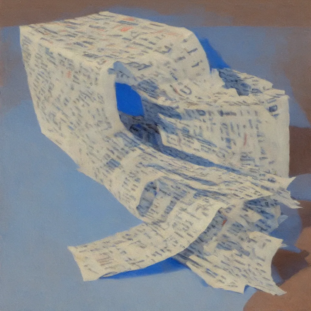 Prompt: oil painting of a very thick roll of newspaper standing vertically against a blue background, impressionist artwork