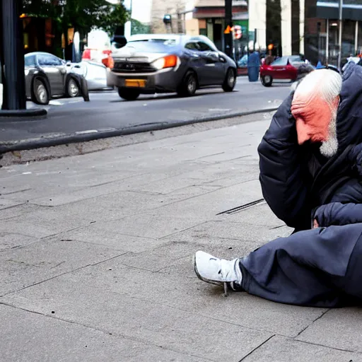 Prompt: a homeless man who looks like putin sleeping in a sleeping bag on the pavement.