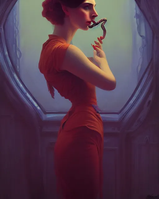 Prompt: surreal stylized portrait by aykutmakut of an artistic pose, composition, young victorian sad fancy lady, surrounded by snakes, cinematic moody colors, realistic shaded, fine details, realistic shaded lighting poster by ilya kuvshinov, magali villeneuve, artgerm, jeremy lipkin and michael garmash and rob rey