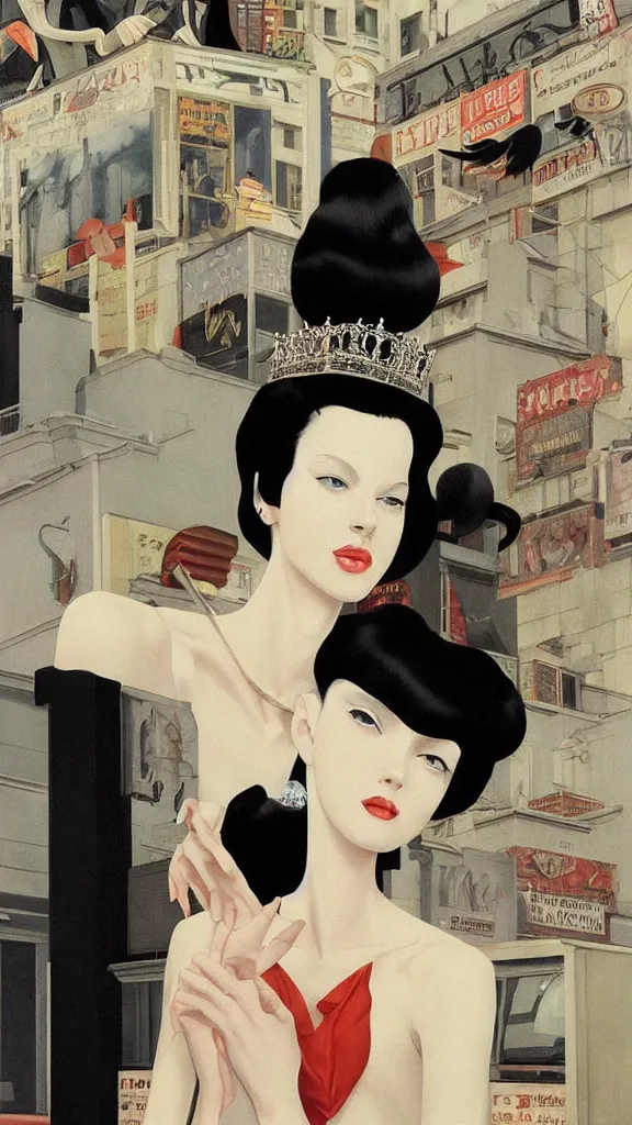 Image similar to a tall and beautiful pale woman with very black hair with a crown on her head walk in the streets of new york circa 1 9 8 4 edward hopper and james gilleard, surreal, open ceiling, highly detailed, airbrush, ilya kuvshinov, wlop, stanley artgerm, very coherent, art by takato yamamoto and james jean