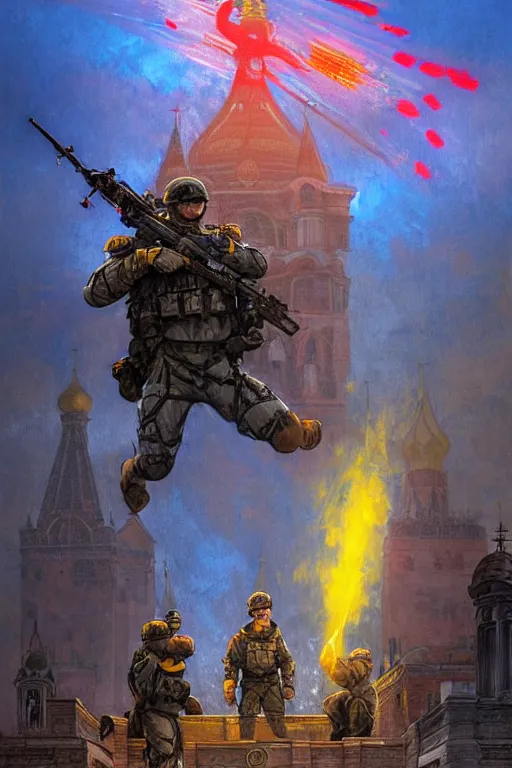 Image similar to special forces soldier installin ukrainian blue and yellow flag on red square kremlin, masculine figure, d & d, fantasy, bright atmosphere, volumetric lights, intricate, elegant, extremely detailed, digital painting, artstation, concept art, matte, smooth, sharp focus, hyper realistic, illustration, art by artgerm and greg rutkowski and alphonse mucha