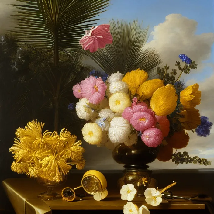 Prompt: still life painting of a beautiful bouquet of flowers by pieter claesz, palm trees in the background, oil on canvas, strong lighting, highly detailed, hyper realism, golden hour, god rays, hd, 4 k