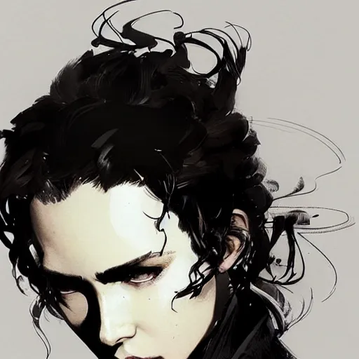 Image similar to a beautiful girl with short curly brown hair in a ponytail, a pointy chin, a sly smile, dramatic lighting, illustration by Greg rutkowski, yoji shinkawa, 4k, digital art, concept art, trending on artstation