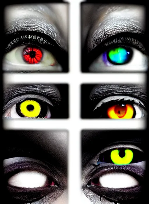 Image similar to grid montage of cube shaped eyes, square shaped black dilated pupils, cube shaped irises, detailed colored textures, eyelashes, advanced art, art styles mix, from wikipedia, wet reflections in square eyes, sunshine light, hd macro photograph, from side, various eyelid positions, square black pupil centered