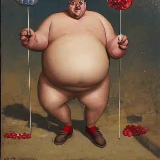 Image similar to an obese man with his mouth stuffed with popsicles mounted on chains and metal spikes by Michael Wheelan