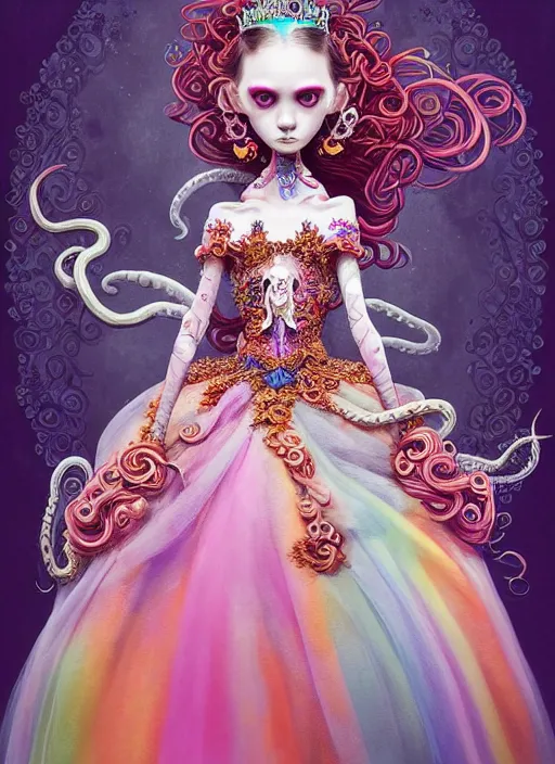 Prompt: A full body shot of a cute and mischievous young monster princess wearing an ornate gown. Covered in barnacles and tentacles. Dynamic Pose. Quinceanera dress. Rainbow palette. rainbowcore. Eldritch Beauty. defined facial features, symmetrical facial features. Opalescent surface. beautiful lighting. By Ruan Jia and Artgerm and Range Murata and WLOP and Ross Tran and William-Adolphe Bouguereau. Key Art. realistic, Hyperdetailed. Fantasy Illustration. Masterpiece. artstation, award winning, sharp, details, HD, HDR, 4K, 8K.