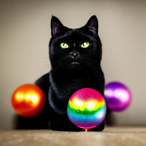 Image similar to a high - quality photo of a black cat with ( ( rainbow ) ) glitter, highly detailed, photorealistic, f 2. 8, in - frame, sharpened