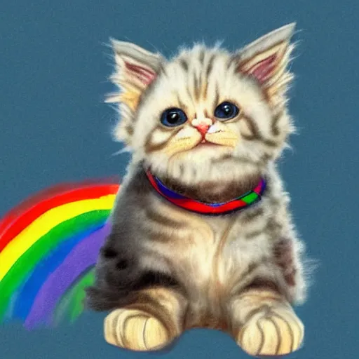 Image similar to wide angle full body, of a fluffy cute rainbow kitten wearing a black leather motorcycle jacket, concept art