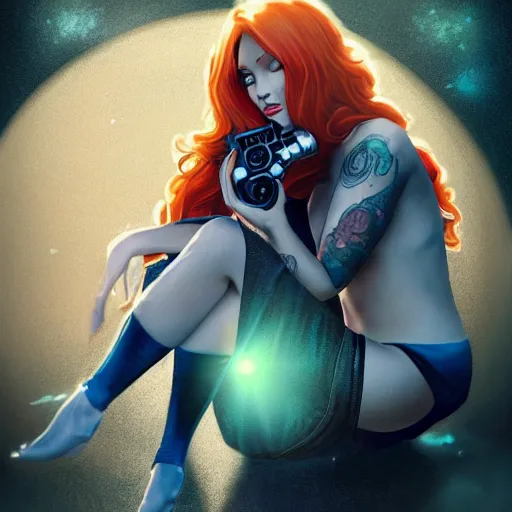 Prompt: a full body photo portrait of a beautiful tattooed redhead woman sitting, carrying a laser gun, a planet in the background. blue dress, light iridescent hair color, long windy hair style, fantasy, realistic, intricate, sharp focus, lens flare, bloom, rim light, illustration, highly detailed, digital painting, concept art, matte, art by ruan jia