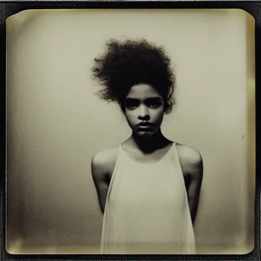 Image similar to polaroid picture, beautiful light - skinned teenage girl, symmetrical face, curly hair, afro, full shot, artistic, black and white, eerie, francesca woodman style