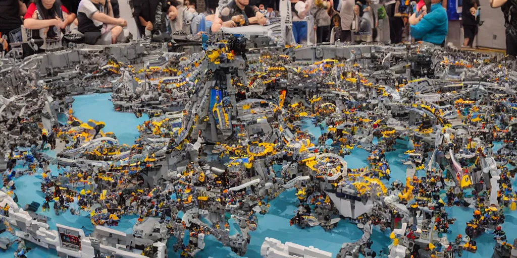 Image similar to wide shot lens photo of a very intricately detailed and epically shaped 3. 5 meter long tifa lockhart lego sculpture designed by a master builder as displayed at a lego convention, low angle shot.