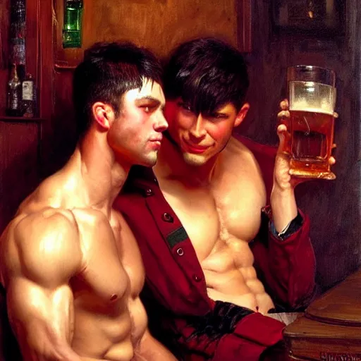 Image similar to attractive muscular male with dark red hair with muscular attractive male with black hair, drinking their hearts out, in a pub. very defined and highly detailed painting by gaston bussiere, j. c. leyendecker, craig mullins 8 k