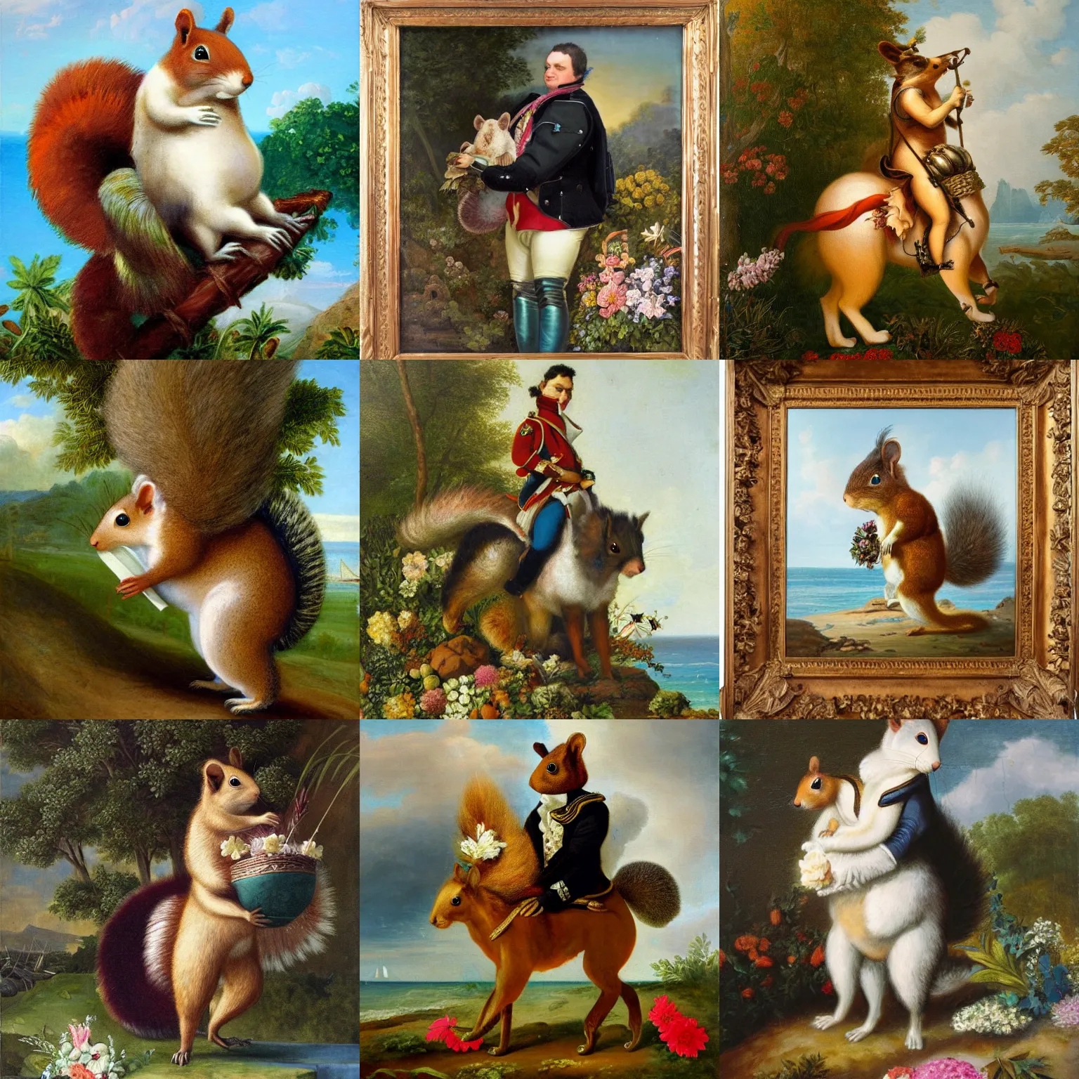 Image similar to a giant fluffy squirrel carrying napoleon bonaparte on its back, beach scene, flowers and foliage, detailed oil painting