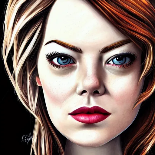 Prompt: emma stone portrait by vince ruz, cartoon face, glam, character art, digital illustration, big eyes, triangular face, semirealism, realistic shaded perfect face, fine details, realistic shaded lighting