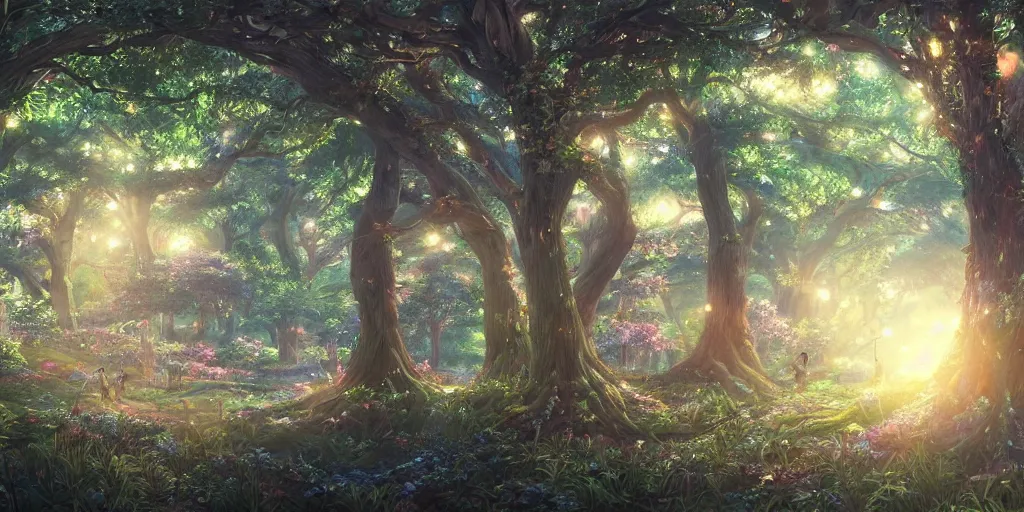 Image similar to the aesthetic view of the beautiful, grand, wistful, dreamy hidden forest at dusk, hyperrealistic anime illustration by iralki nadar, colorful, extremely detailed, intricate linework, super sharp focus, bright colors, octopath traveler, studio ghibli, unreal engine 5 highly rendered, global illumination, radiant light, detailed and intricate environment