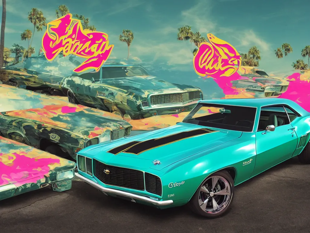 Prompt: poster of a 1969 Chevy Camaro with Arizona Iced Tea livery 4k